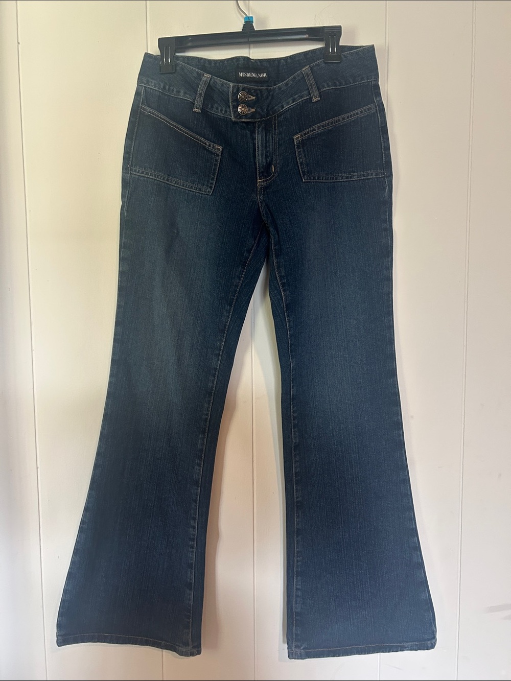 Y2K Dark Blue Flare Jeans with Front Patch Pockets - Mudd